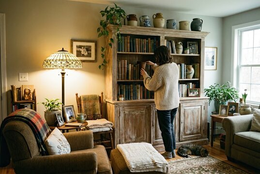 Cozy Living Room Corner with Person Arranging Books on Distressed Wooden Bookshelf