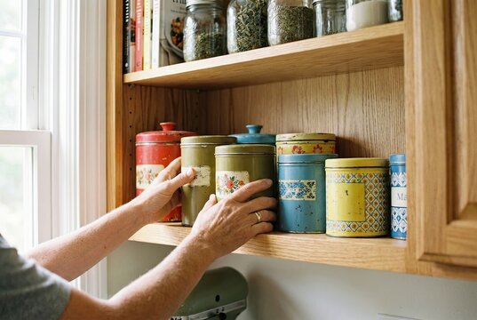 Hands Gently Arranging Colourful Vintage Storage Containers on a Light Wooden Kitchen Shelf with Natural Light