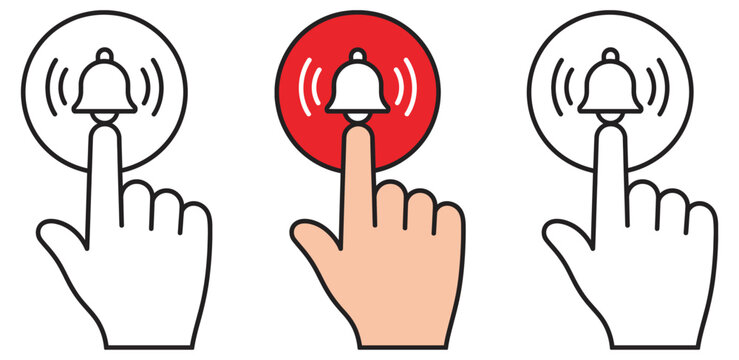 Cursor hand click bell icon pack, notification alert interaction symbols, digital interface graphics, user click action indicators, subscription enable elements