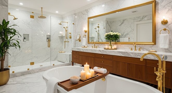 Luxurious modern bathroom with gold fixtures and marble walls and a white freestanding tub with cand