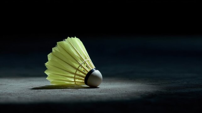 Badminton shuttlecock lying on the ground. the shuttlecock is white with a black handle and is made up of multiple strands of yellow feathers.
