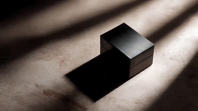Premium blank black packaging box mockup on a textured stone surface with dramatic diagonal window shadows.