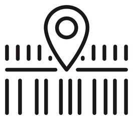 Minimalist Black Vector Icon Illustration of a Location Pin Map Marker Pointing to a Barcode Symbol for Logistics Tracking, Product Identification, and Delivery Services on White Background © Raheel
