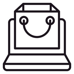 Minimalist black line vector icon of a laptop computer with a shopping bag on its screen, symbolizing online shopping, e-commerce business, digital retail, and internet marketplace transactions. © Raheel