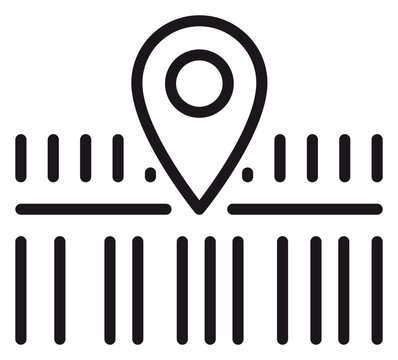 Minimalist Black Vector Icon Illustration of a Location Pin Map Marker Pointing to a Barcode Symbol for Logistics Tracking, Product Identification, and Delivery Services on White Background