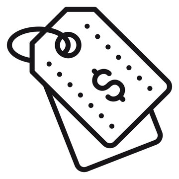 Minimalist black line vector icon illustration of two price tags with a dollar sign symbol, representing shopping, retail sales, discounts, and commercial pricing for business and e-commerce.