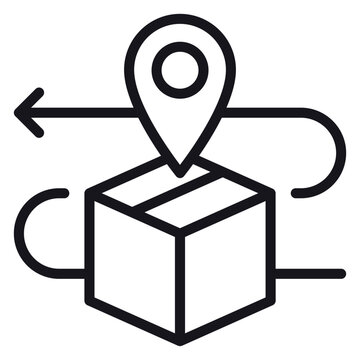 Black line vector icon illustration of a cardboard box package with a location pin and curved arrow, representing delivery tracking, shipping logistics, transit, and package return services.