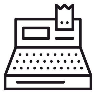 Minimalist black line vector icon of a cash register with a printed receipt, representing retail sales, commerce, point of sale systems, and financial transactions in a business store setting.