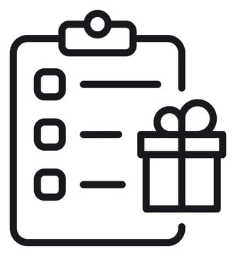 Gift list vector icon featuring a clipboard with check boxes and a wrapped present box, perfect for holiday shopping registries, wishlists, reward programs, and task management illustrations.