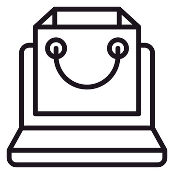 Minimalist black line vector icon of a laptop computer with a shopping bag on its screen, symbolizing online shopping, e-commerce business, digital retail, and internet marketplace transactions.