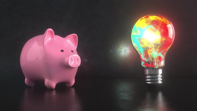Creative Financial Idea with Piggy Banks and Glowing Light Bulb. 4k video, ProRes 4444.