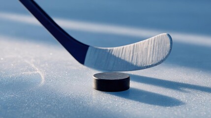 Close-up of a hockey stick and puck on a blue surface. the stick is black and has a curved handle with a silver blade. the puck is round and black in color.
