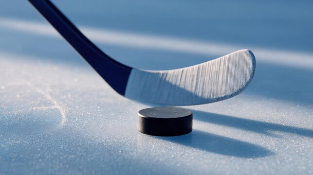 Close-up of a hockey stick and puck on a blue surface. the stick is black and has a curved handle with a silver blade. the puck is round and black in color.