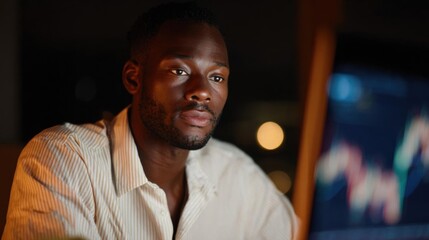 Obraz premium Portrait of a young african-american man sitting in front of a computer monitor. he is wearing a striped shirt and has a serious expression on his face.