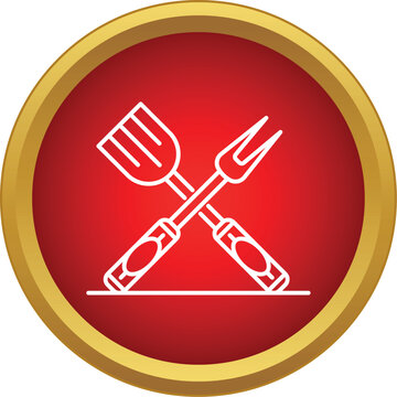 Bbq tools spatula and meat fork crossing in a red round icon with gold border