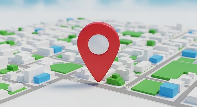3D map with red pin, showing city blocks, roads, buildings, and green spaces