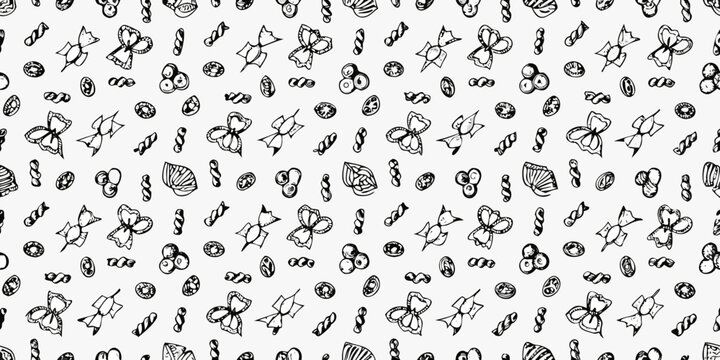 A seamless pattern of various hand drawn pasta shapes in black and white