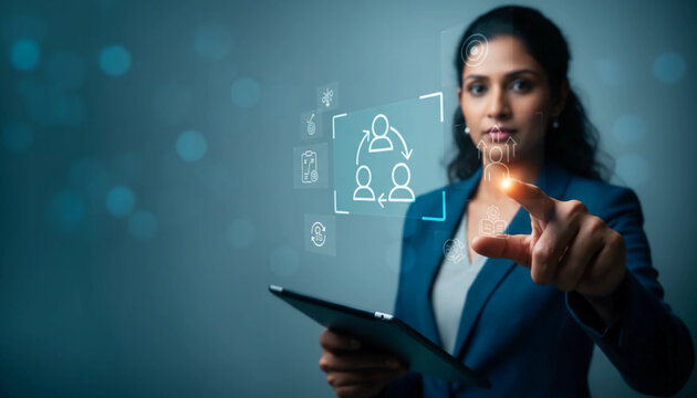 Confident businesswoman interacts with floating financial analytics and stock market holograms in a sleek, tech-driven workspace. Ideal for corporate, fintech, investment, and digital transformation m