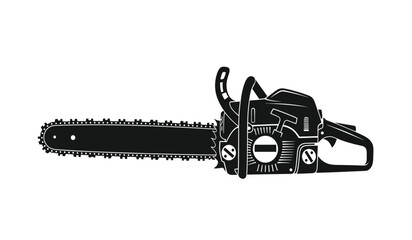 A detailed illustration depicts a black chainsaw laying horizontally against a white background showcasing its mechanical components a striking silhouette high quality professional modern © Thysl2000