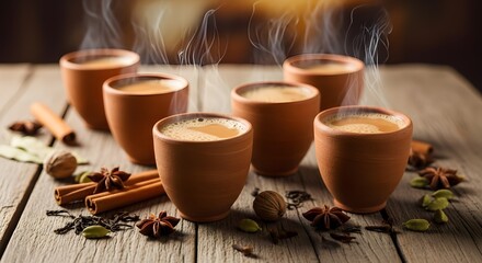 Fototapeta premium Clay cups filled with masala chai placed on rustic wooden table. Focus on traditional Indian beverage, cozy atmosphere, cultural experience, and tea ritual concept.