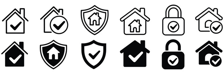 Fototapeta premium House protection icon pack, home insurance symbols, safety and security graphics, shield lock and check mark elements, real estate protection icons, secure home concept