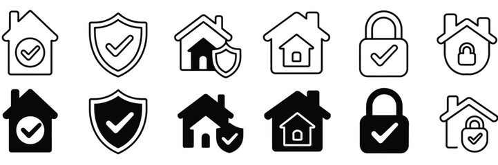 Home insurance line icons set, house protection symbols, safety security graphics, shield padlock and check mark icons, real estate protection elements ©    