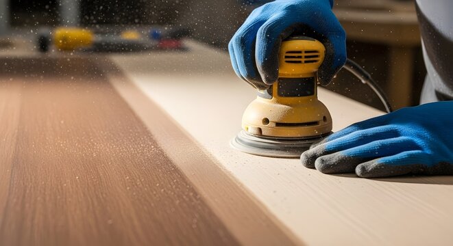 Worker sanding wooden surface for smooth finish on furniture. Focus on woodworking, craftsmanship, furniture making, attention to detail, and skilled labor concept.