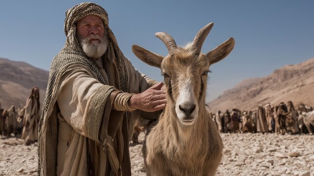 A wide desert edge scene of the scapegoat being led away from the camp as hands rest on its head, symbolizing the removal of guilt into the wilderness under harsh daylight.