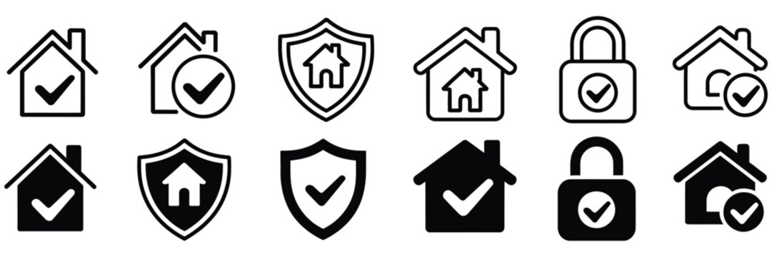 House protection icon pack, home insurance symbols, safety and security graphics, shield lock and check mark elements, real estate protection icons, secure home concept