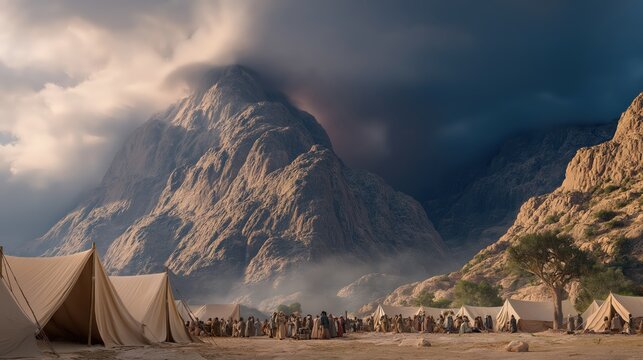 A wide dramatic scene at the base of mount sinai with the mountain shrouded in cloud and fire as the israelites stand in fear below under a darkened sky.