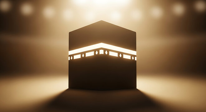 Glowing pixel art representation of the sacred kaaba building with warm golden lighting