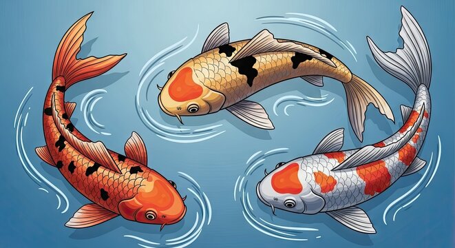 Three ornamental patterned freshwater fish swim together in blue water creating ripples