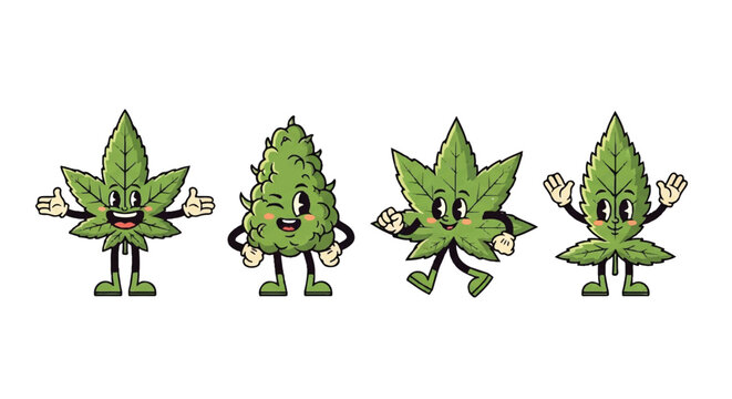 Cartoon cannabis characters in various poses isolated on white background