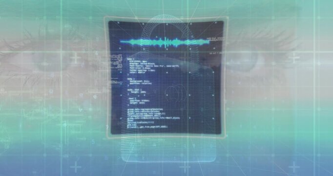 Digital padlock with glowing biometric scanner and data charts superimposed over watchful eyes and grid lines representing cybersecurity and data protection