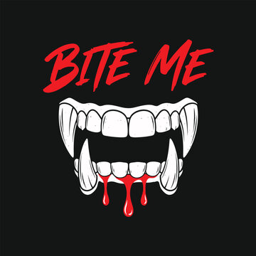 Bite Me vampire fangs with dripping blood bold Halloween t‑shirt graphic