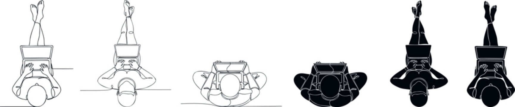 Overhead view of person using laptop computer lying down, work from home concept, remote work illustration.