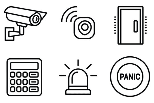 Home security icon pack, surveillance camera detector alarm and panic button symbols, smart house protection graphics, safety monitoring elements