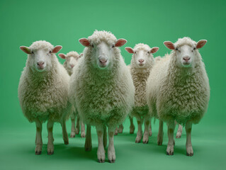 Fototapeta premium Closeup of 8 trimmed white sheep against a green background in a studio setting, even lighting - AI-Generated
