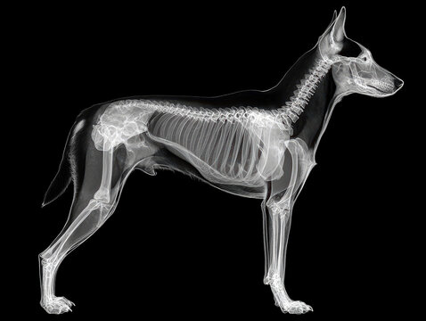 Close-up X-ray of a standing Basenjis skeletal structure, outlined against black background - AI-Generated
