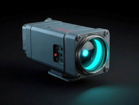 Close-up of a black, weather-resistant battlefield surveillance camera with neon blue lens core and sensor circuitry Modern design, angled perspective from above, soft lighting from le - AI-Generated