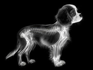 Naklejka premium X-ray image of a Cavalier King Charles Spaniel, displaying its skeleton with high contrast and translucent soft tissues - AI-Generated