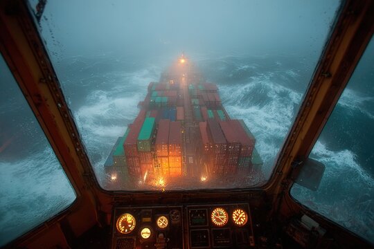 Cargo ship in stormy ocean view through rainy window of captain bridge