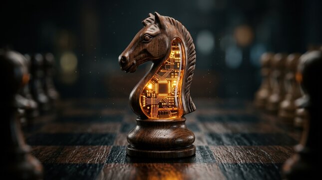 Close-up of a chess piece with a digital core. Professional high-end stock photography, cinematic lighting, amber glow, dark