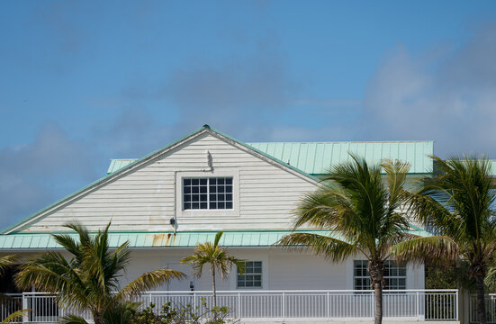Tropical coastal house with palm trees under blue sky