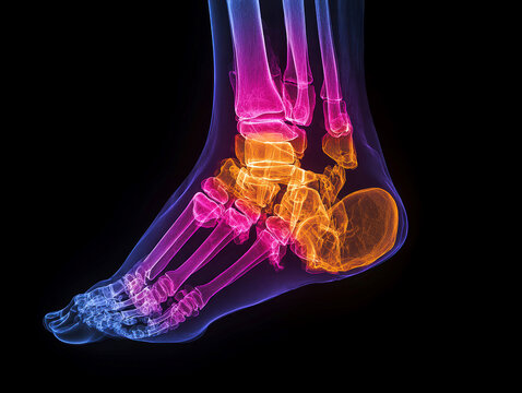 Close-up X-ray styled image of a human foot, focusing on the ankle joint Contrasting light and vivid colors highlight bones, with dense areas darker heel, ankle and less dense region - AI-Generated