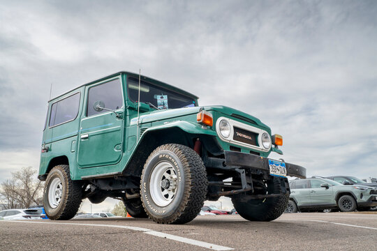Fort Collins, CO, USA - March 24, 2026: Vintage Toyota Landcruiser SUV car on a parking lot - a collector vehicle.