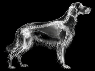 Fototapeta premium Side profile of an Irish Setter, layered with X-ray skeleton Dark coat possibly brown or black, long ears, bushy tail, and a solid background Educational style image showcasing exte - AI-Generated