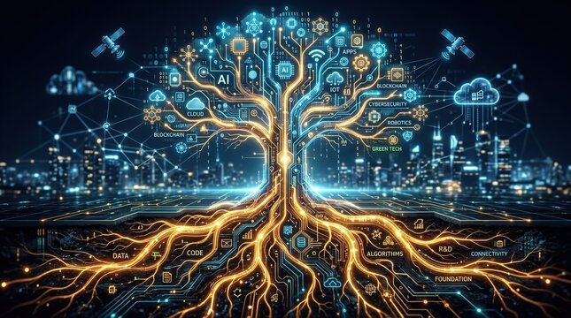 Digital tree of life with glowing amber roots for modern technology and innovation concepts.