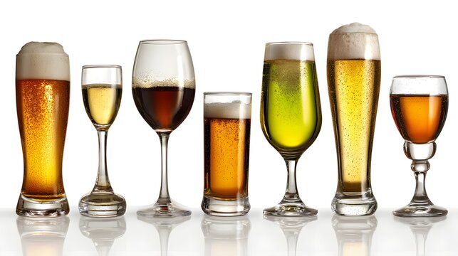 Rows of beer glasses filled with assorted brews on a glossy surface