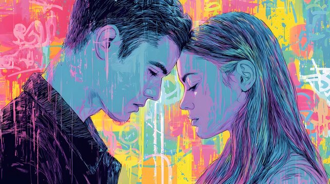 Intimate couple moment, colorful abstract background